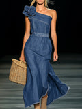 [24-hour shipping out]Elegant Strapless Denim 3D Floral Maxi Dress