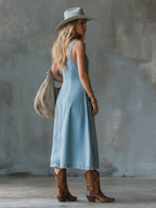 Vintage Elegant Suspender Blue Denim Front Button Square Neck Sleeveless Midi Dress