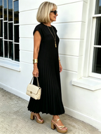 Elastic Dress Women's Elegant Fashion Crew Neck Sleeveless Pleated Long Dress