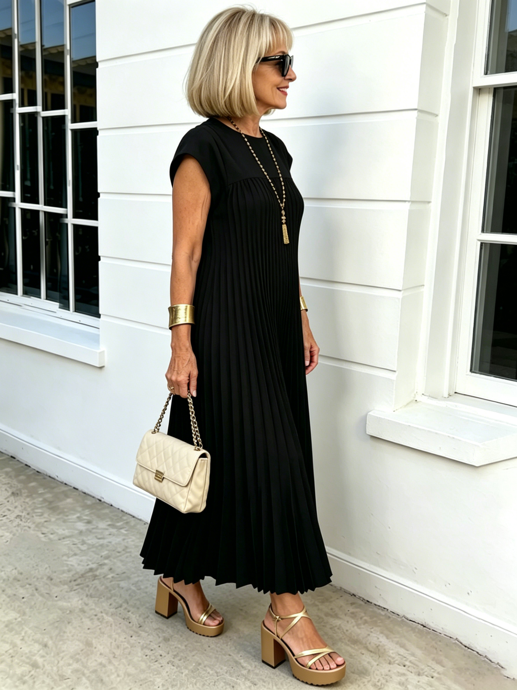 Elastic Dress Women's Elegant Fashion Crew Neck Sleeveless Pleated Long Dress