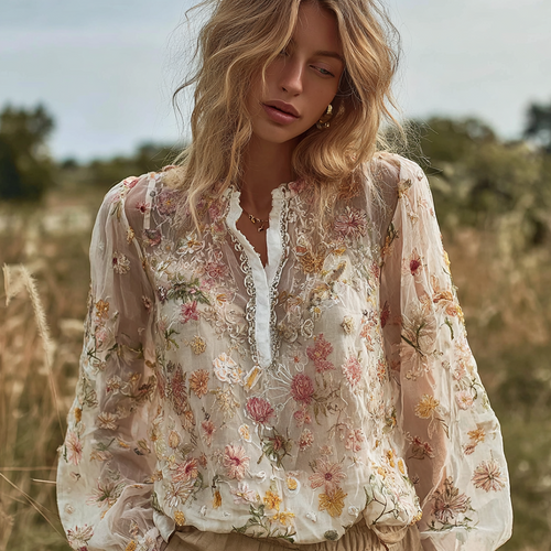 Bohemian Style 3d Plant Flower Pattern Cotton Linen Shirt