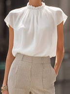 Ruffled Neck Blouse And Striped Wide-Leg Pants Set