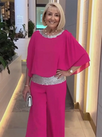 Shine Bright Pink Gorgeous Outfit with Sequins Wedding Tunic Party Suit  Chiffon Opaque Soft Fabric Two Piece Set