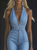 [24-hour shipping out]Simple and Fashionable V-neck Sleeveless Tight Light Blue Denim Jumpsuit