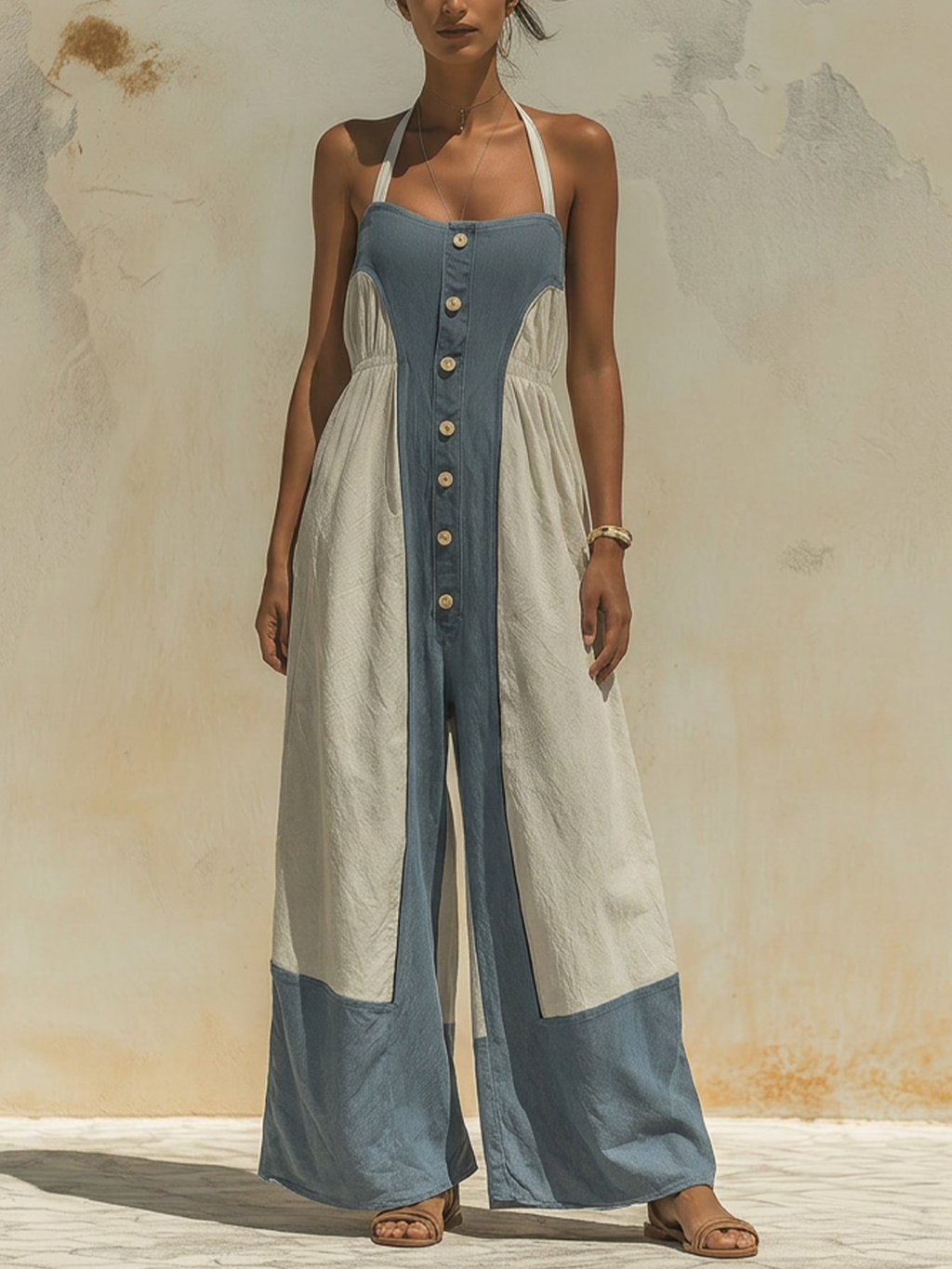 Halter Neck Color Block Wide Leg Jumpsuit