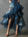 Women's Casual Stylish Art Denim Organza Patchwork Skirt