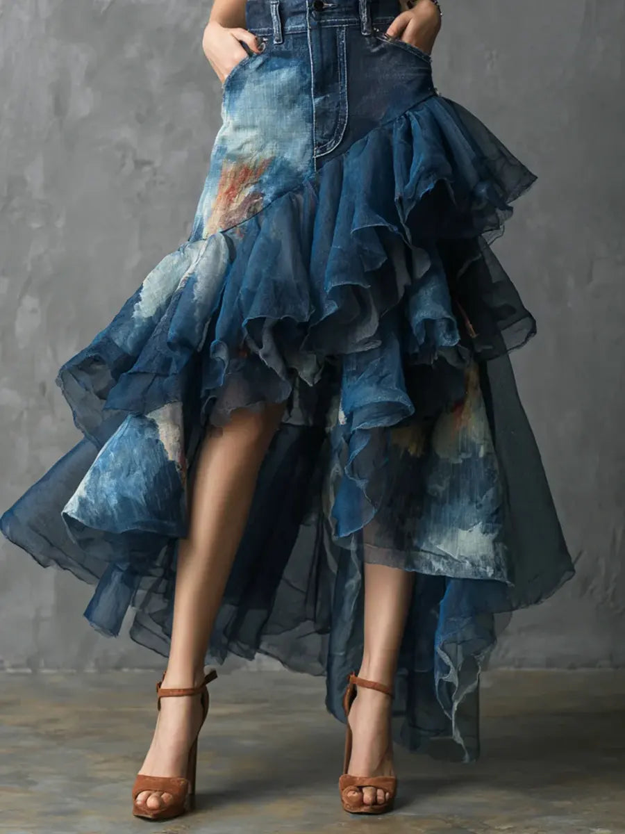 Women's Casual Stylish Art Denim Organza Patchwork Skirt
