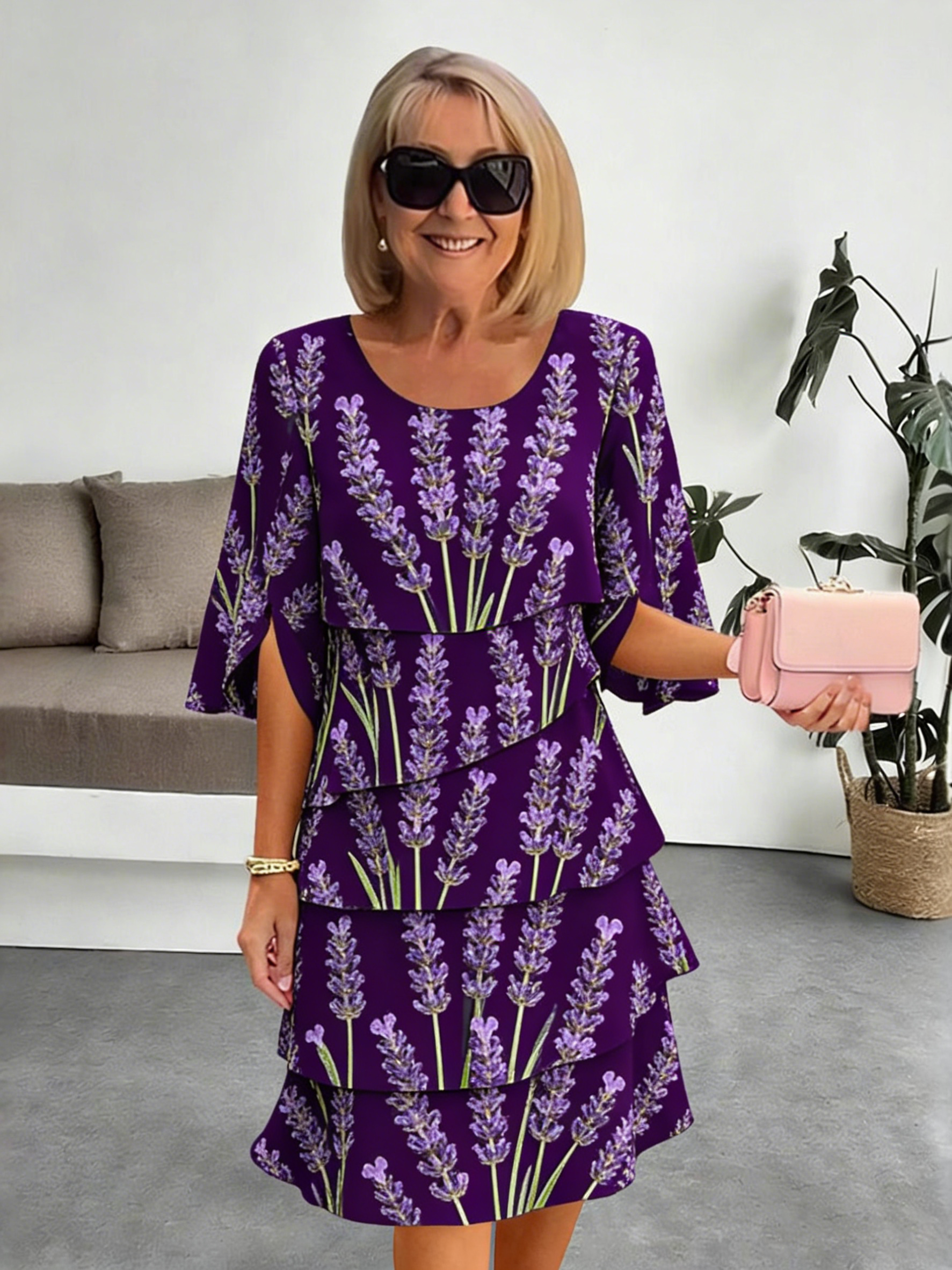 Lavender Chiffon Vacation Prints Color Round Neck Cake Skirt Splicing Dress Mid-length