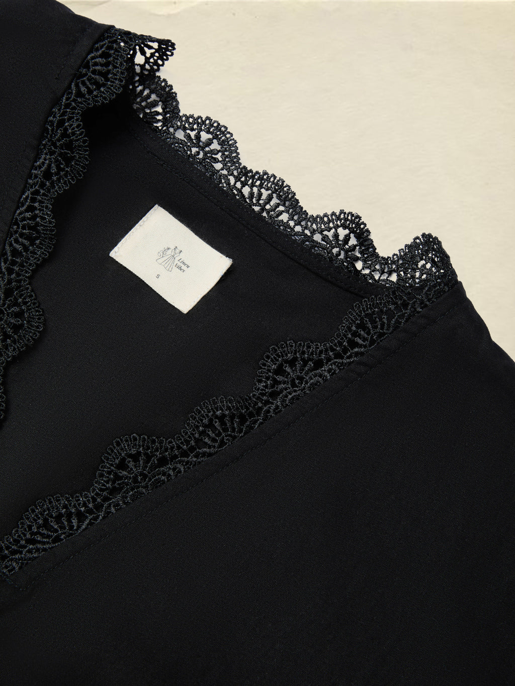 Linen Shirt, Half Sleeve, V Neck, Plain, Lace, French Vintage, Black