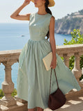 Midi Cotton Dress, Sleeveless, Round Neck, Striped, French Vintage, Green