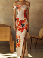Beige Satin Floral Print Off-Shoulder Midi Dress with Side Slit