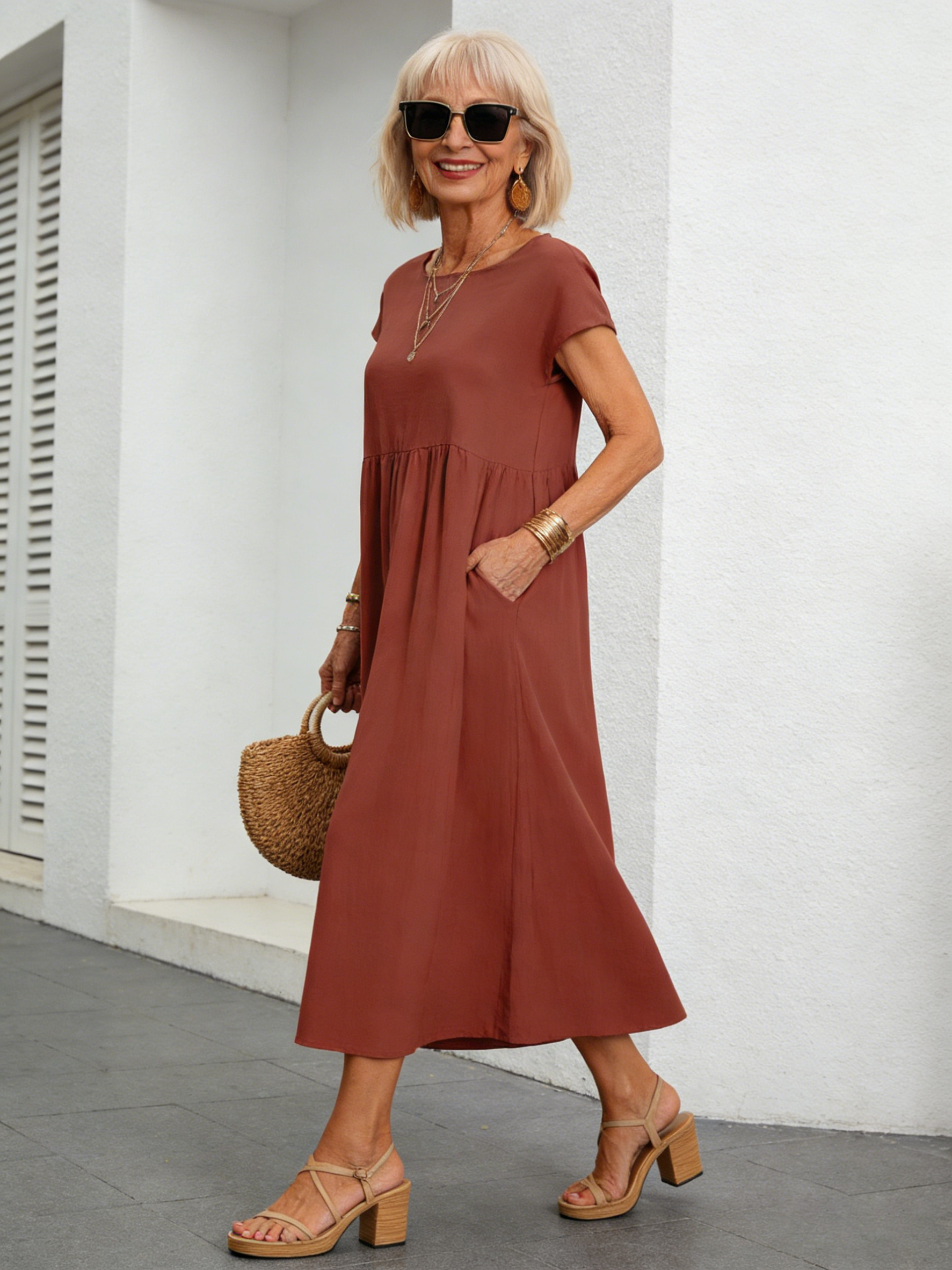 Solid Color Linen Round Neck Fitted Dress