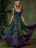 Women's Vintage Purple Floral Art Linen Sleeveless Dress