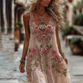 Women's Vintage Rose Embroidery Art Comfy Linen Tank Dress