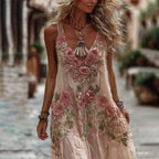 Women's Vintage Rose Embroidery Art Comfy Linen Tank Dress
