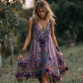 Women's Vintage Floral Embroidery Art Sleeveless Dress