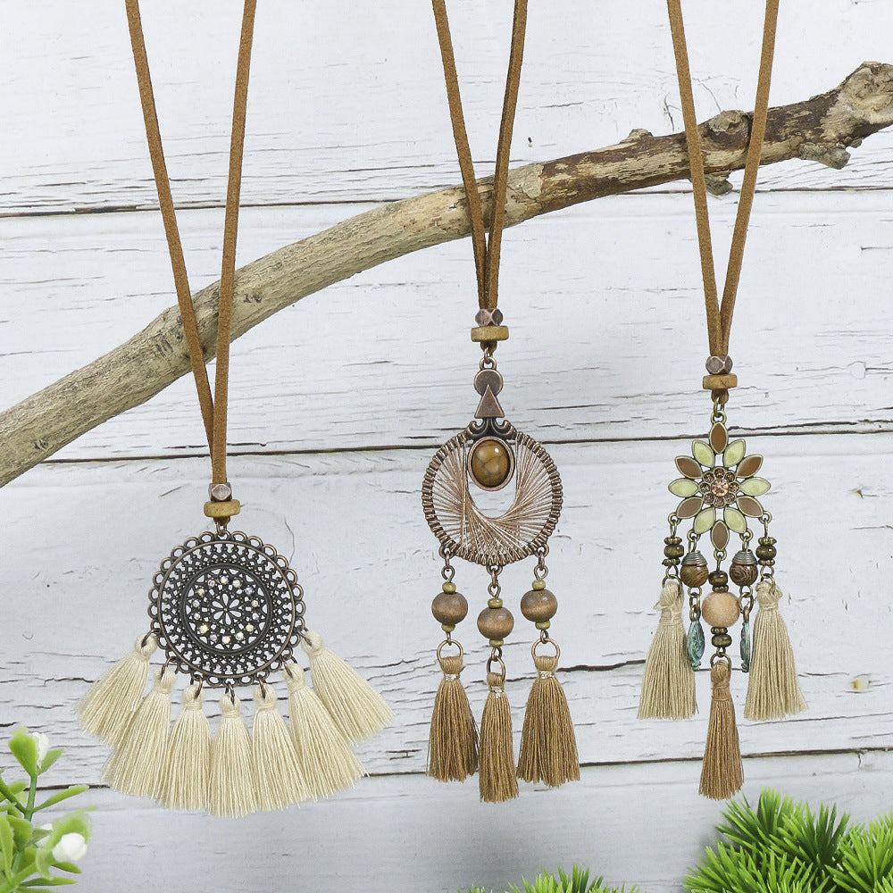 3pcs Boho Ethnic Long Sundry Colors Tassel Pendant Necklaces For Women Retro Rhinestone Drip Oil Alloy Necklace