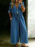 Women’s Stylish Cotton One Piece Casual V-neck Denim Jumpsuit