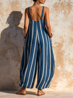 Oversized Striped Sleeveless Jumpsuit With Deep Pockets