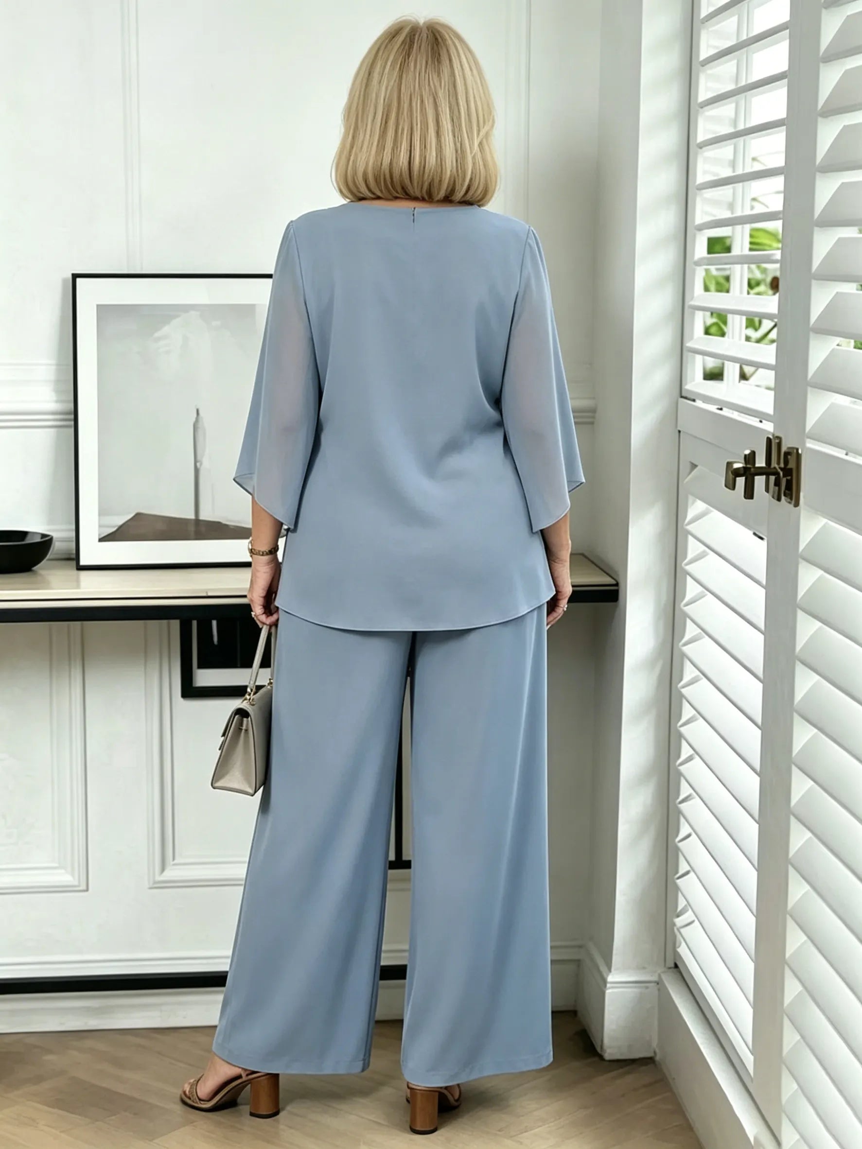 2Pcs Light Blue Chiffon 2 Piece Outfit, Irregular Twist Flare Sleeve Top & Wide Leg Pants Set for Mature Women