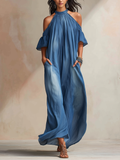 Tencel Denim Halter Neck Cold-Shoulder Maxi Dress