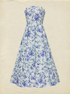 Maxi Cotton Dress, Sleeveless, Strapless, Floral, Vacation, Vintage, Blue