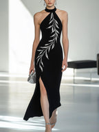 Chic Black Halter Neck Dress with Side Slit and Embroidery