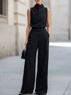 Sleeveless High-Neck Pinstripe Wide-Leg Two-Piece Set