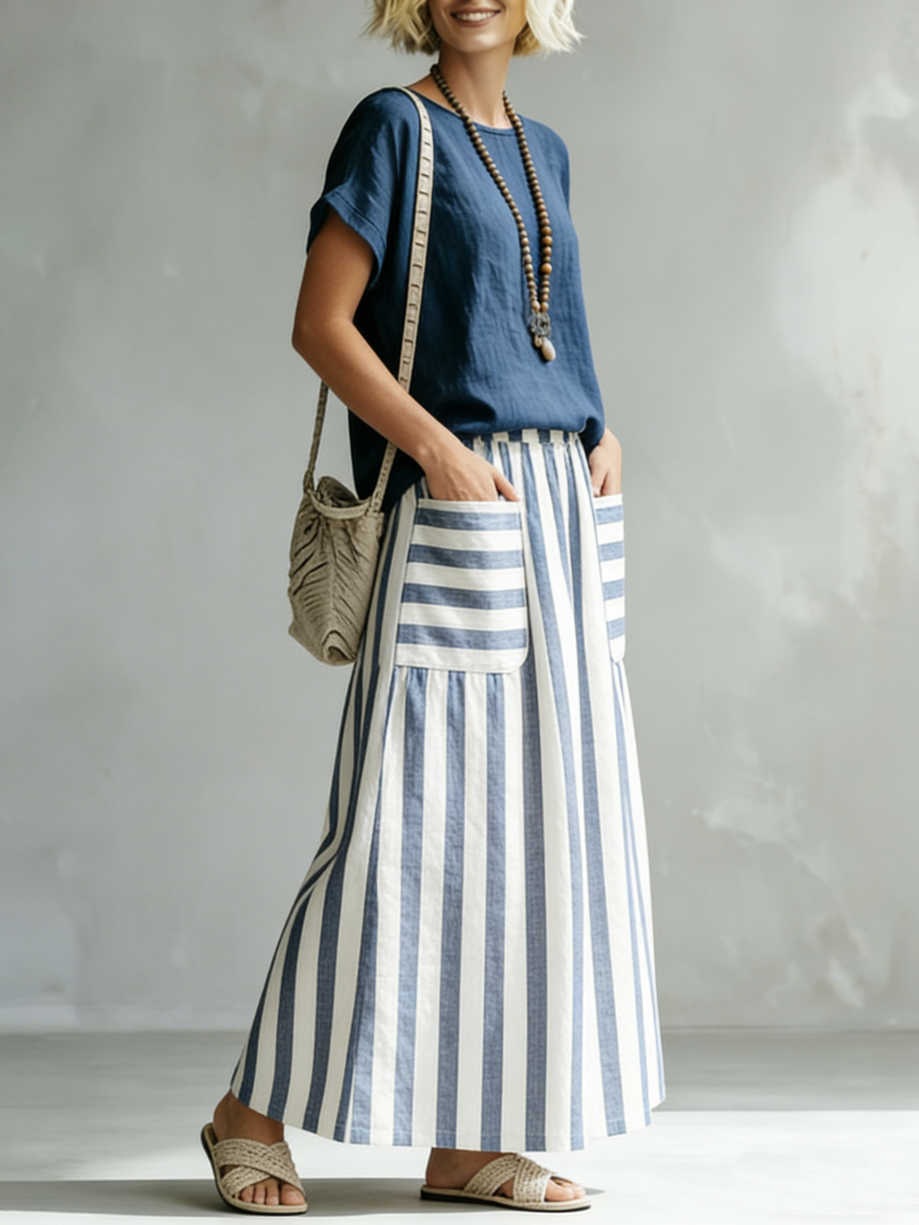 Cozy Classic Striped Cotton-linen Two-piece Set