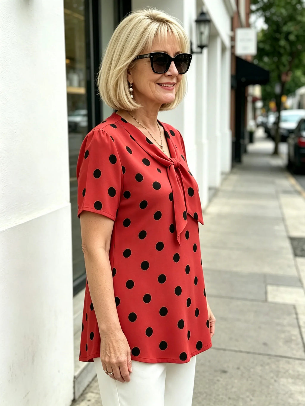 Yellow Polka Dot Chiffon Blouse, V Neck Front Tie Short Sleeve Loose Tummy Concealing Shirt for Mature Women