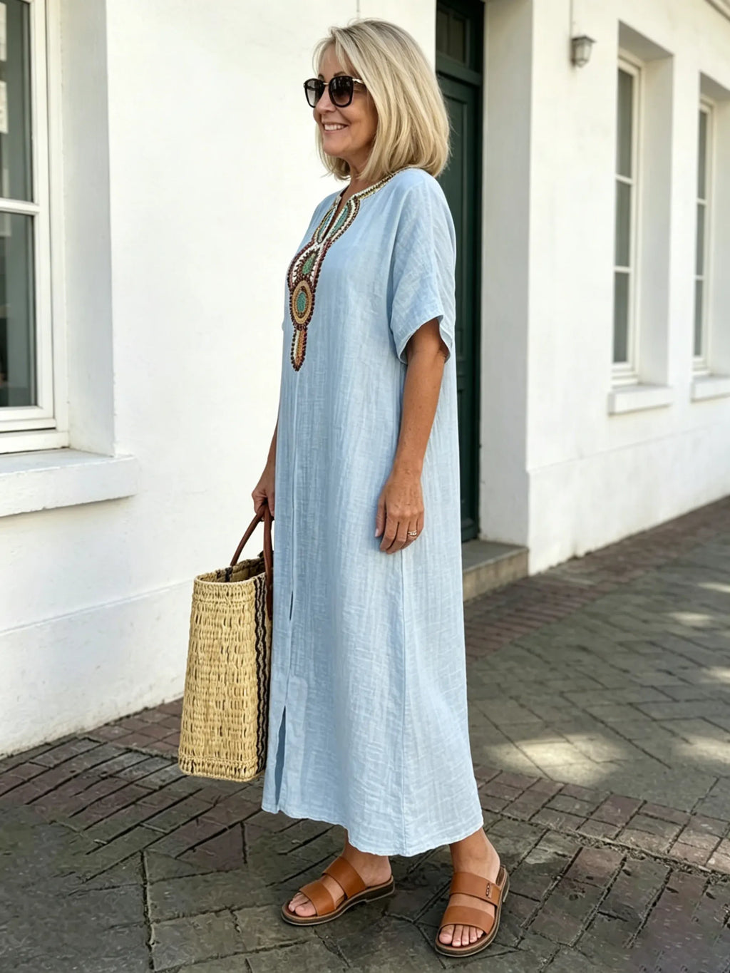 Cotton and Linen Embroidered Split Dress