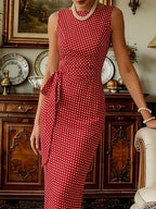Midi Cotton Dress, Sleeveless, Round Neck, Polka Dots, Twist, French Vintage, Red