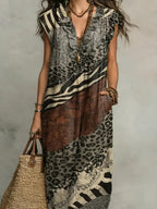 Women's Retro Pattern Art Print Casual Ruffled Stylish Cotton Linen Dress