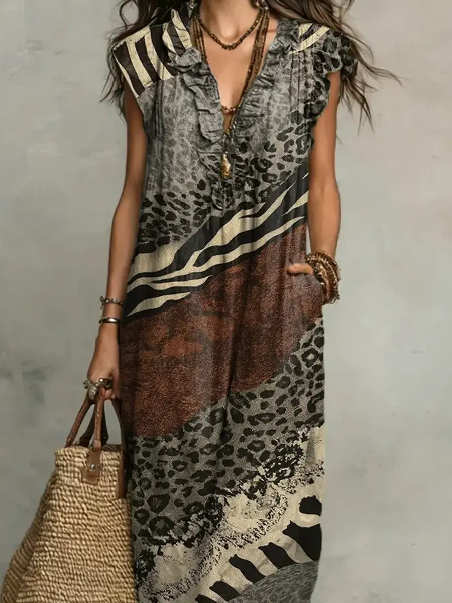 Women's Retro Pattern Art Print Casual Ruffled Stylish Cotton Linen Dress