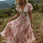 Women's Boho Vintage Pink Floral Art Flowy Maxi Dress