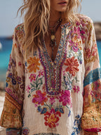 Bohemian Style Embroidered Flower Vacation Long-sleeved V-neck Worn-out Long-sleeved Top