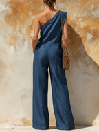 One-Shoulder Denim Wide-Leg Jumpsuit With Contrast Stitching
