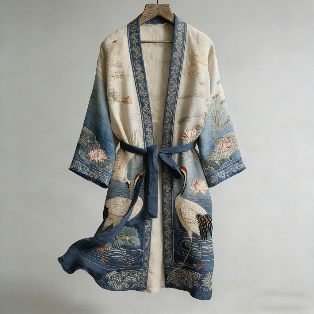 Retro Japanese Crane And Lotus Art Linen Blend Long Kimono