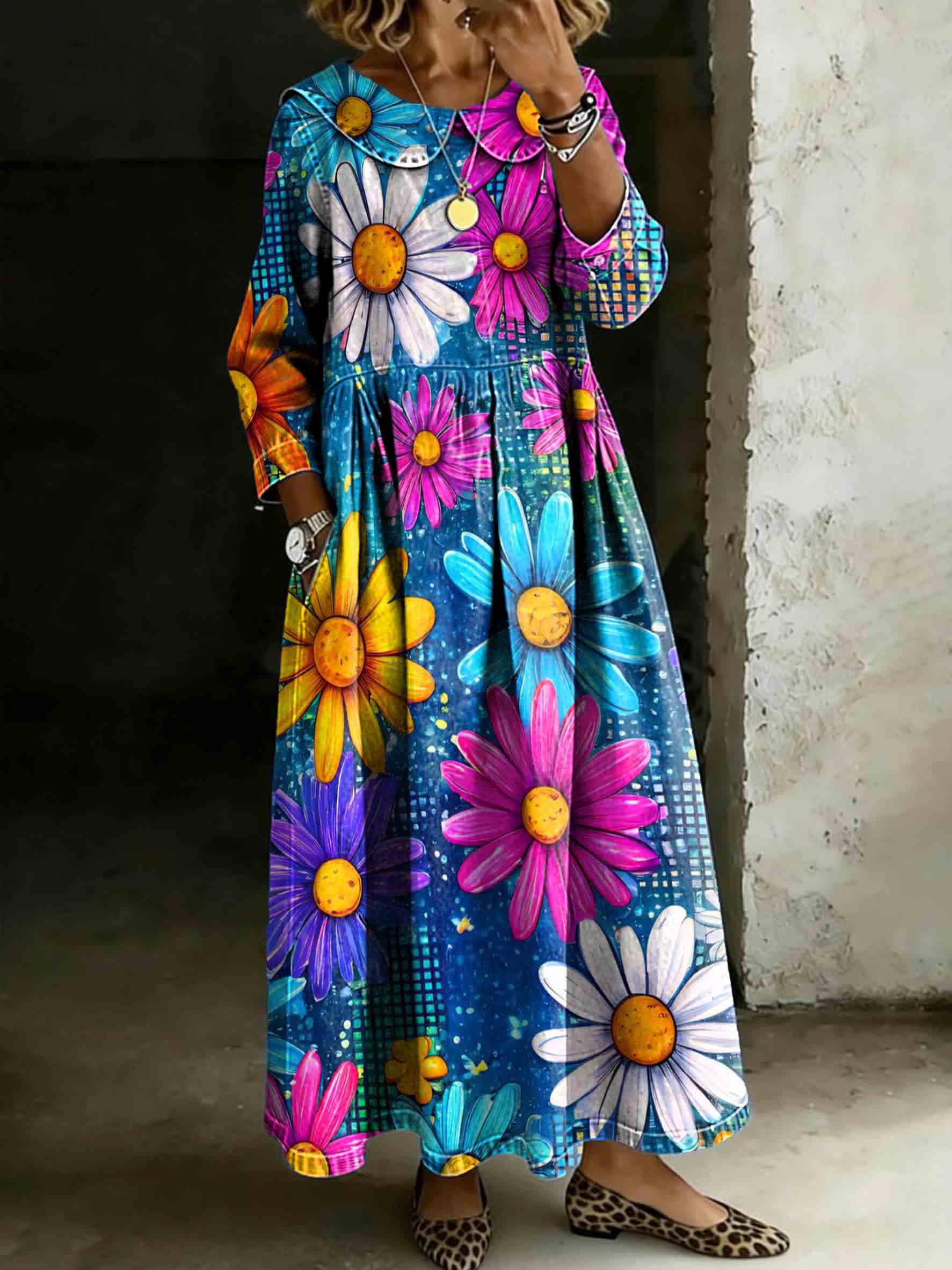 Women's Colorful Daisies Print Lapel Collar Pleated Long Sleeve Casual Loose Denim Dress