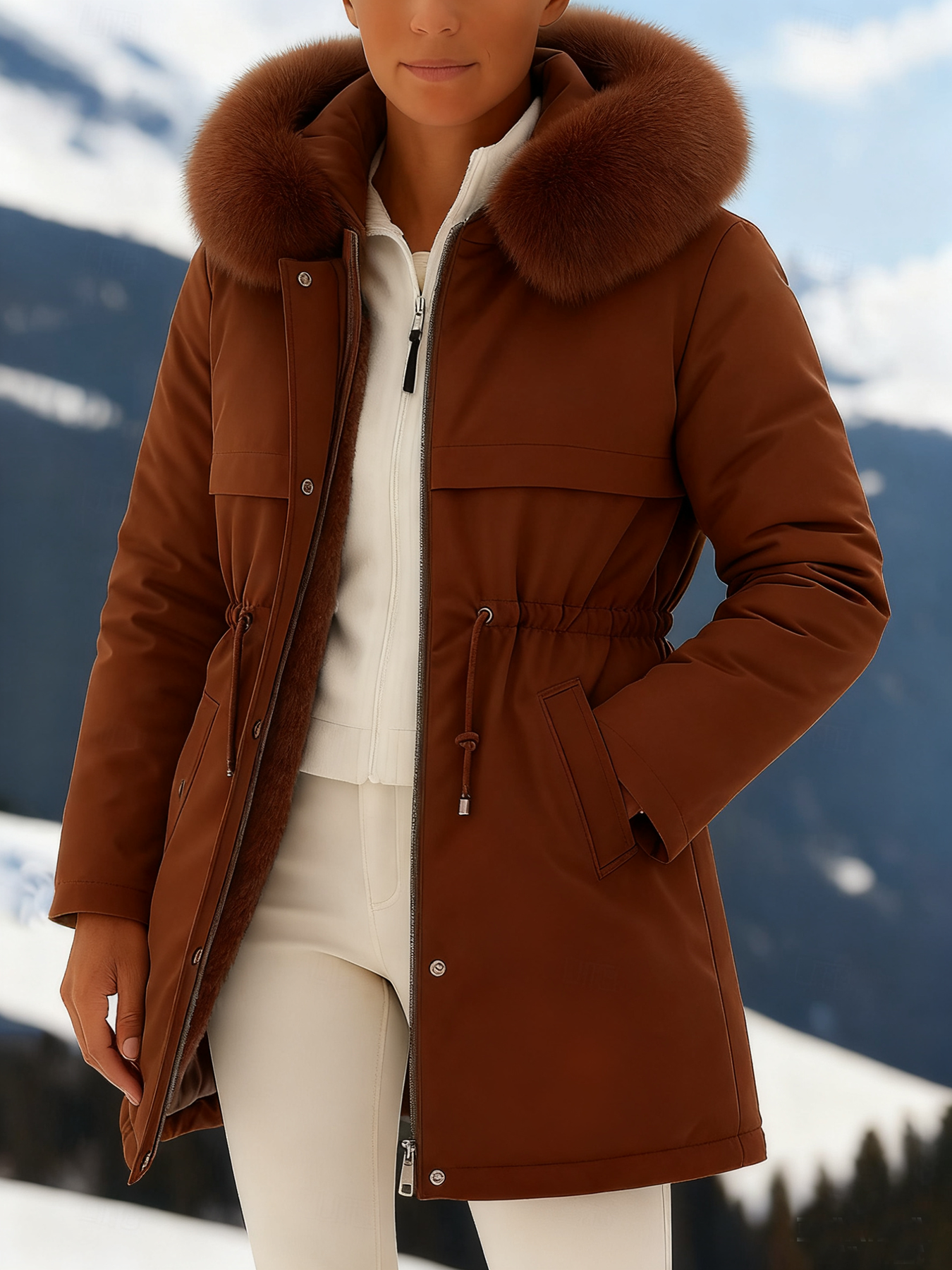 Outfits Cotton-padded Jacket Medium and Long, Large Fur Collar, Down Cotton-padded Jacket, Down Cotton-padded Jacket.