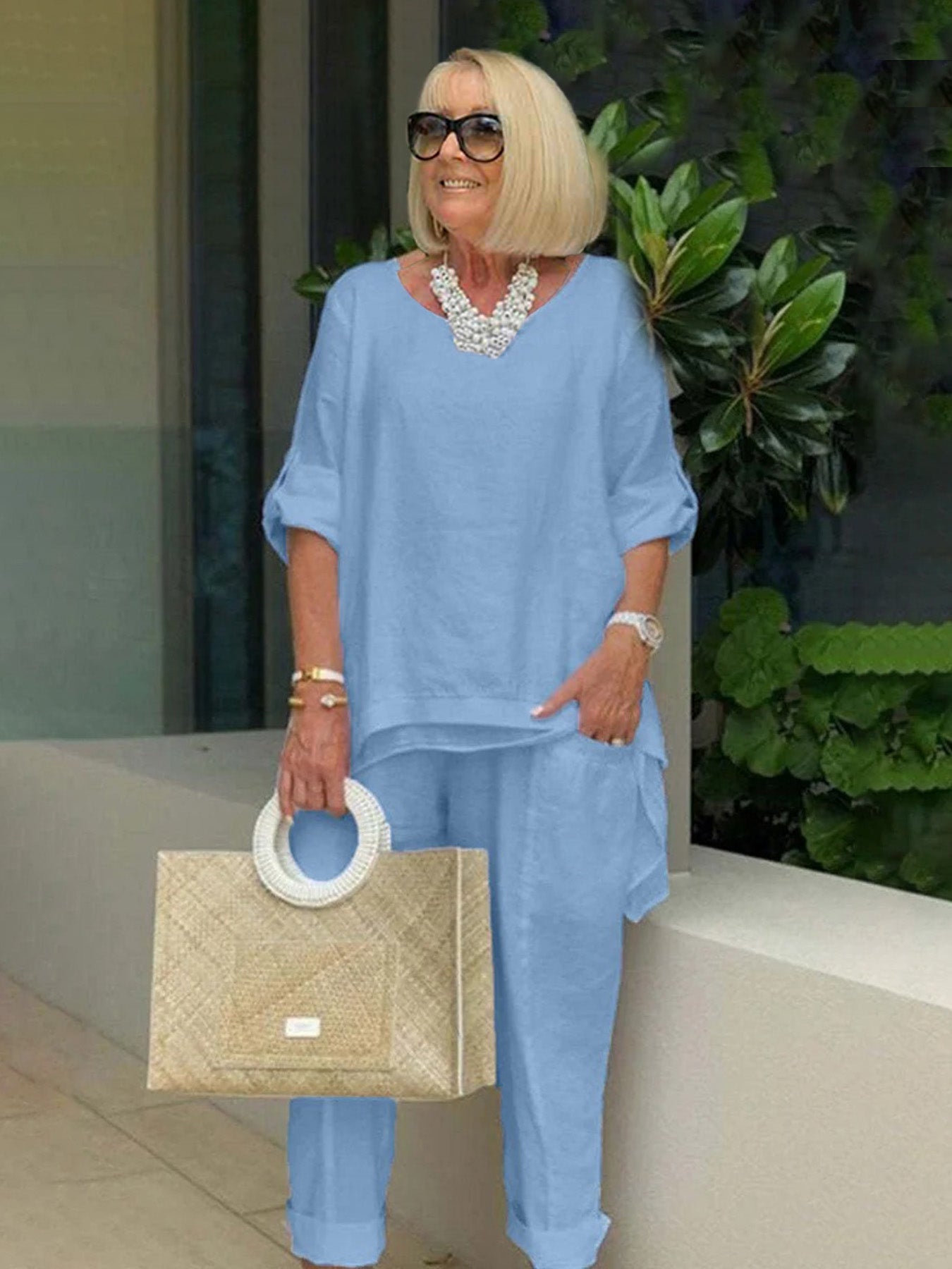 Double-layered Solid Color Cotton and Linen Two-piece Loose Casual Soft Shirt Pants