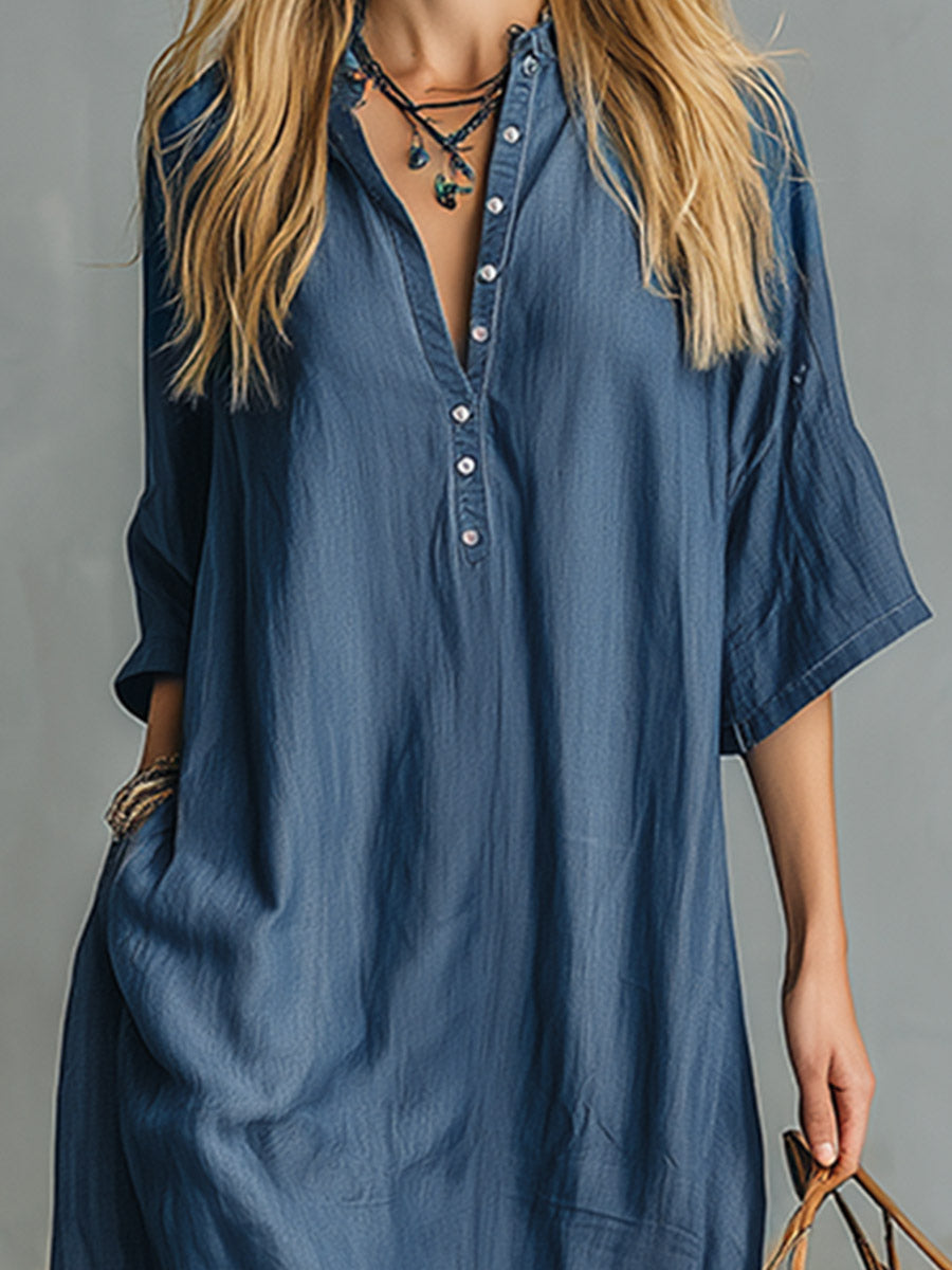 Retro Blue Tencel Denim Short-sleeved Maxi Dress