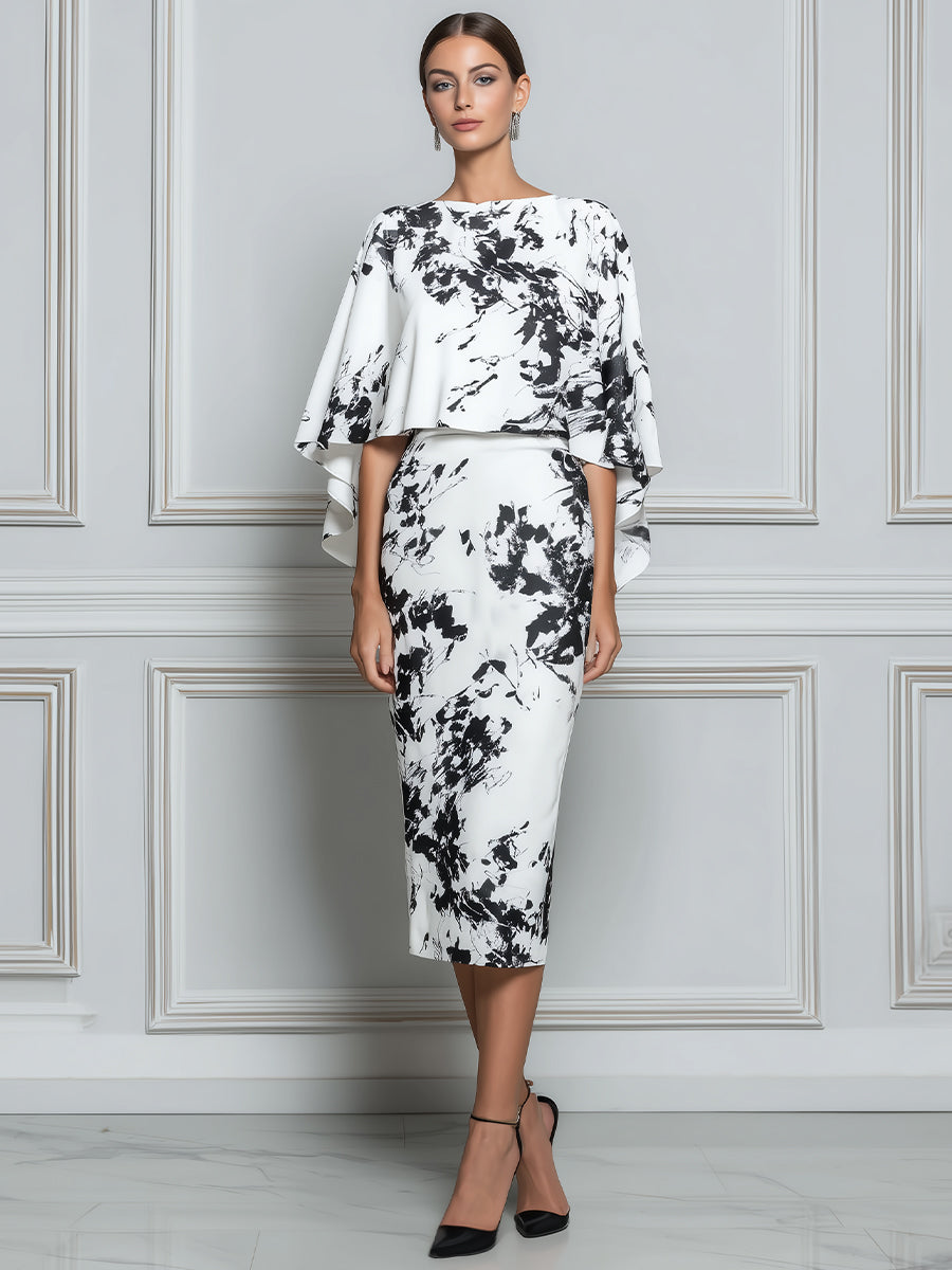Abstract Print Sheath Dress With Detachable Capelet