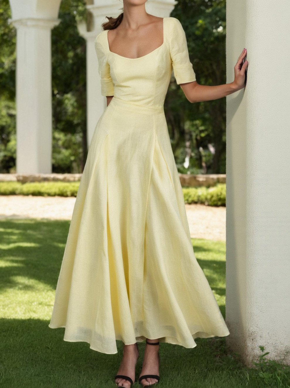 Maxi Linen Dress , Short Sleeves, Square Neck, Plain, Vacation, French Vintage, Light Yellow