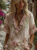 Vintage Rose Gemstone Bead Embroidery Art V-neck Short-sleeved Shirt