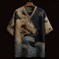 Japanese Golden Dragon & Sea Waves Embroidered Linen Shirt