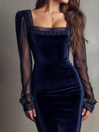 Square Neck  Lace Trim Navy Velvet Midi Dress With Sheer Sleeves