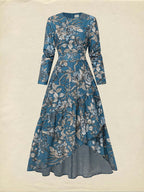 Maxi Linen Dress, Long Sleeves, Round Neck, Floral, Ruffles, Vintage, Deep Blue