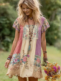 Boho Floral Patchwork Art Women's Linen Short Sleeve Mini Dress