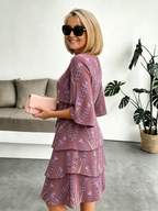 Lavender Chiffon Vacation Prints Color Round Neck Cake Skirt Splicing Dress Mid-length